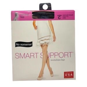 No Nonsense Control Top Size C Midnight Black, Sheer Toe Pantyhose USA MADE
